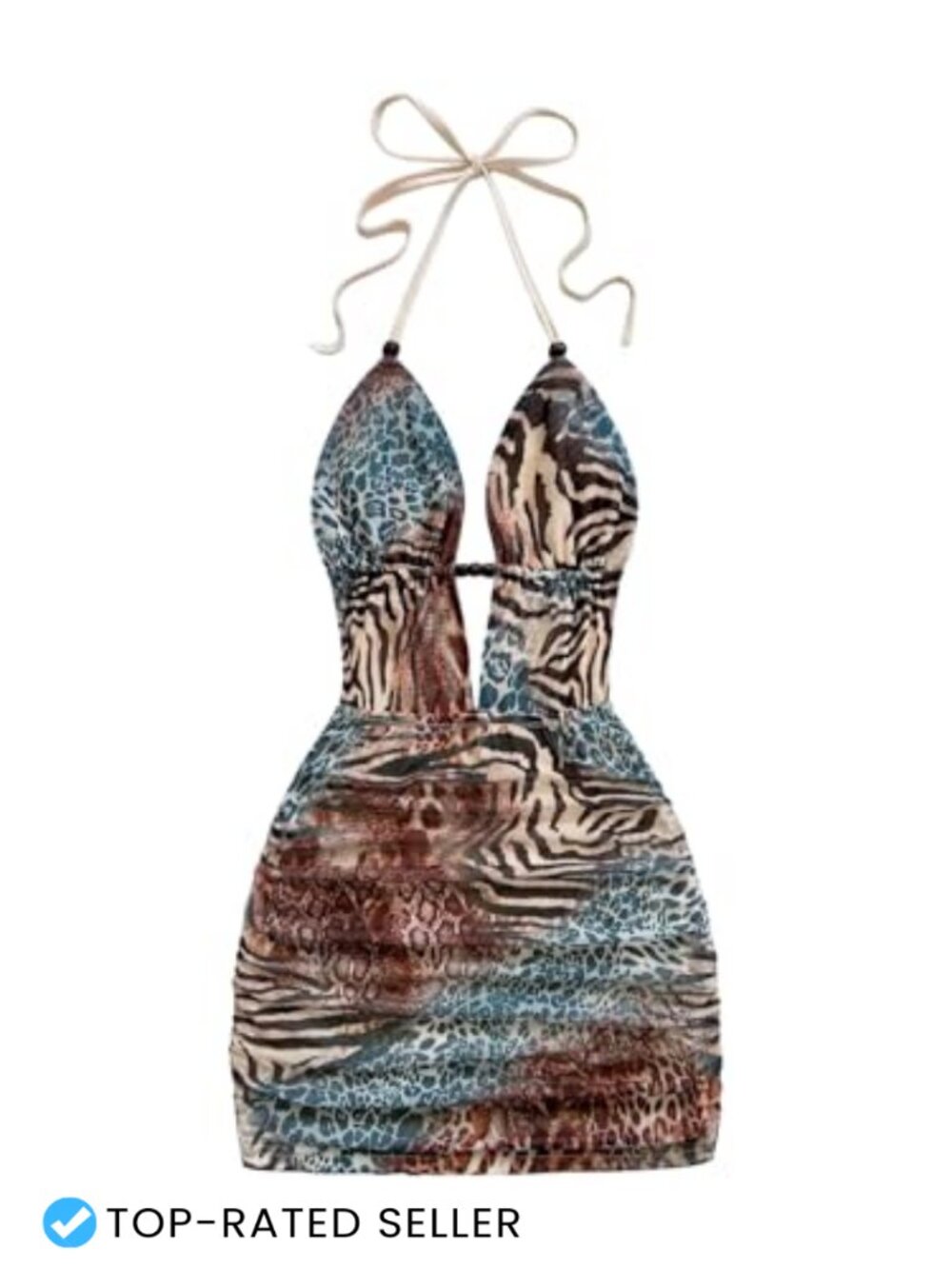 Women's Animal Print Halter Mini Dress Beaded Tie Backless Bodycon Summer